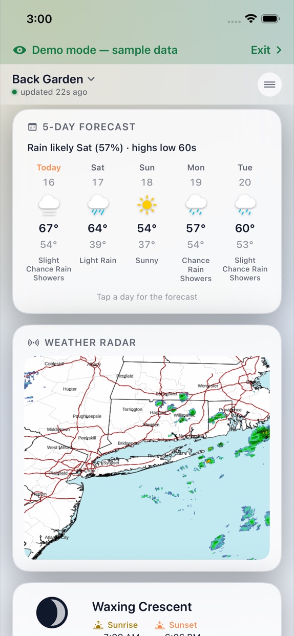 5-day forecast, live radar map and moon phase