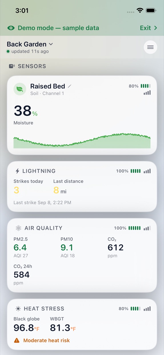 Sensors: soil moisture, lightning, air quality and heat stress