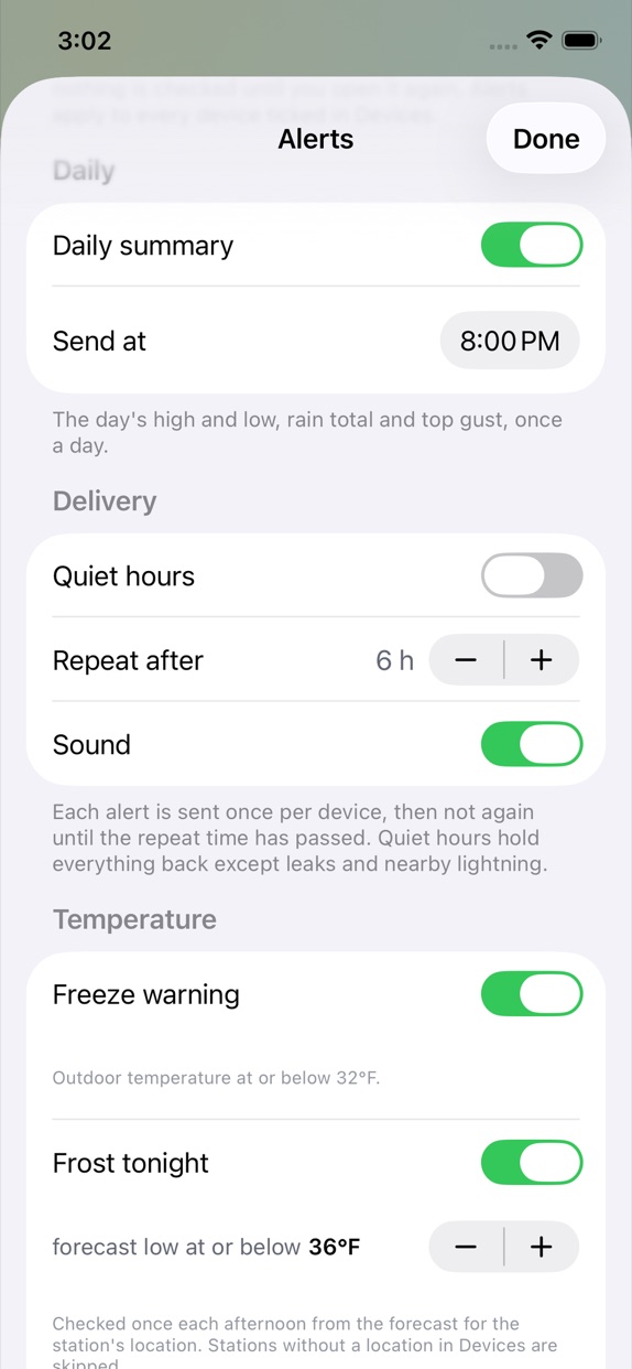 Alert settings: daily summary, quiet hours, freeze warning, frost tonight